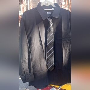 Black Button-Up Shirt with Striped Tie Included
